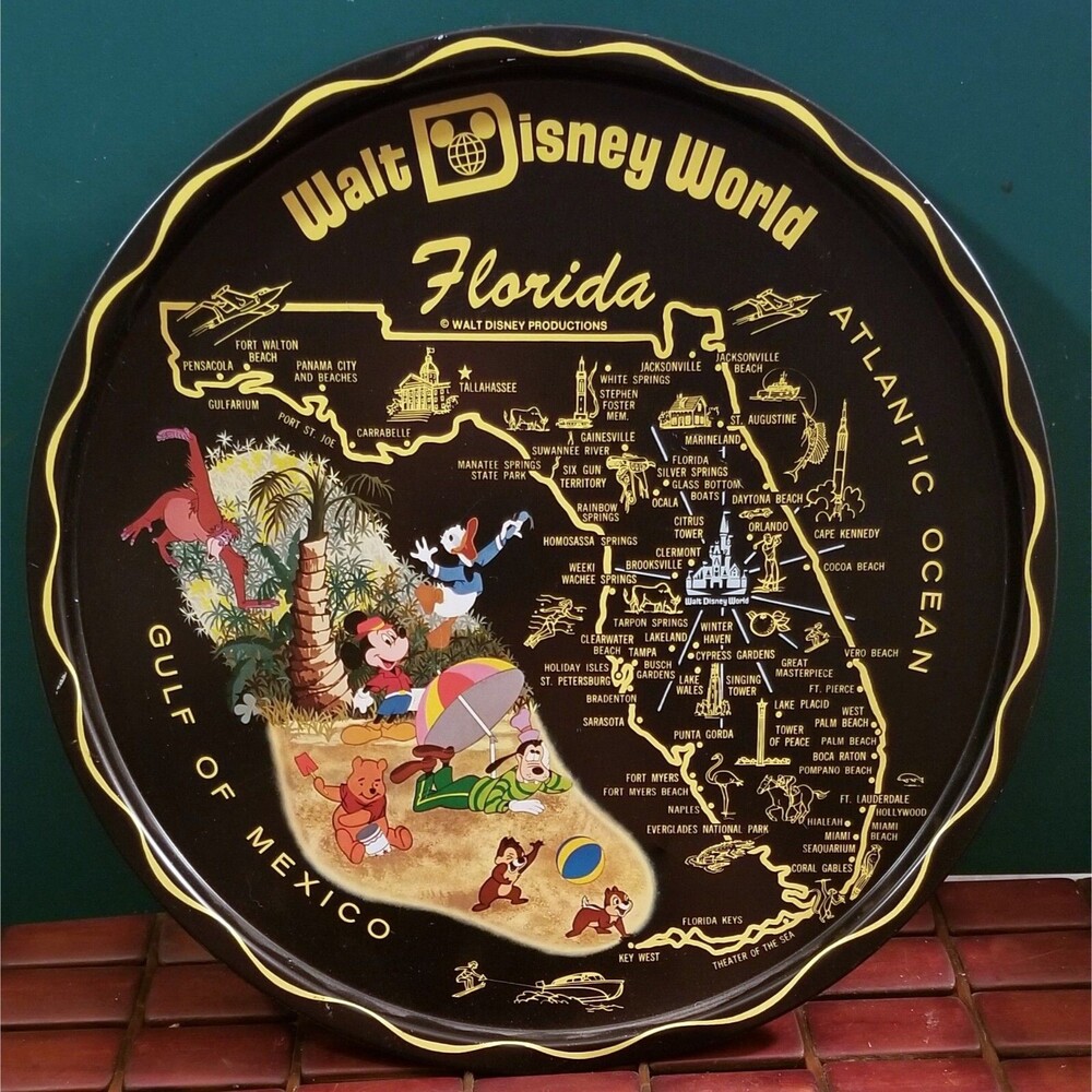Vintage Walt Disney World Map Of Florida Souvenir Serving Tray 11"